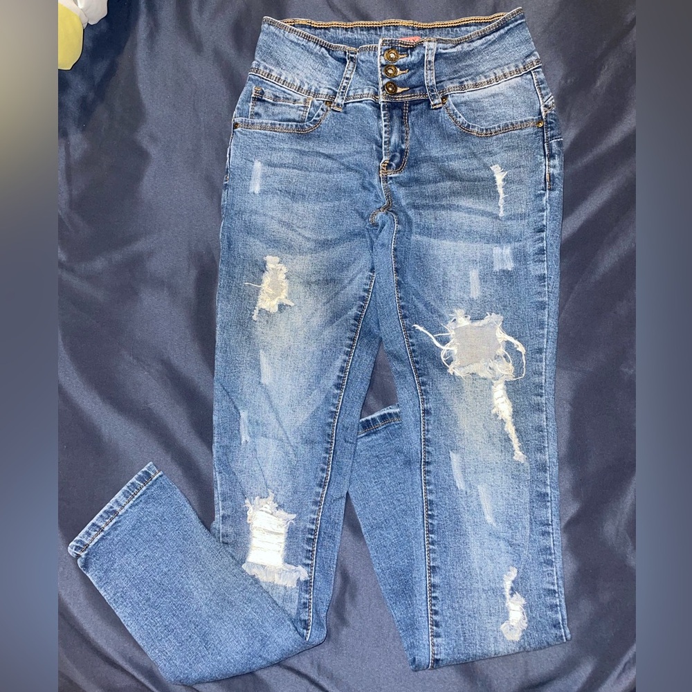 Wax Jean 5 Pocket High Rise Medium Wash Ripped Skinny Jeans